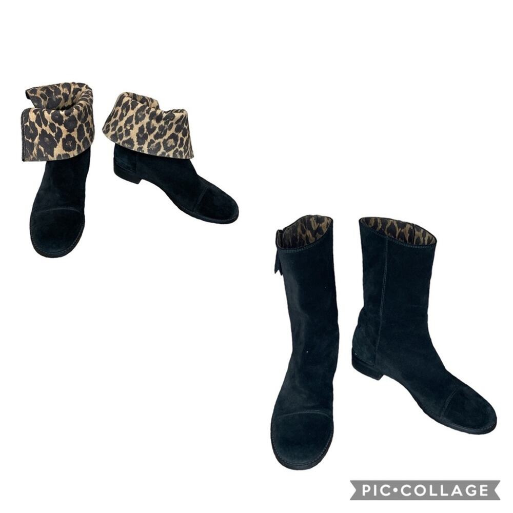 Stuart Weitzman Duluth Boots Black Suede Fold Over Leopard Lining Size 9.5 N